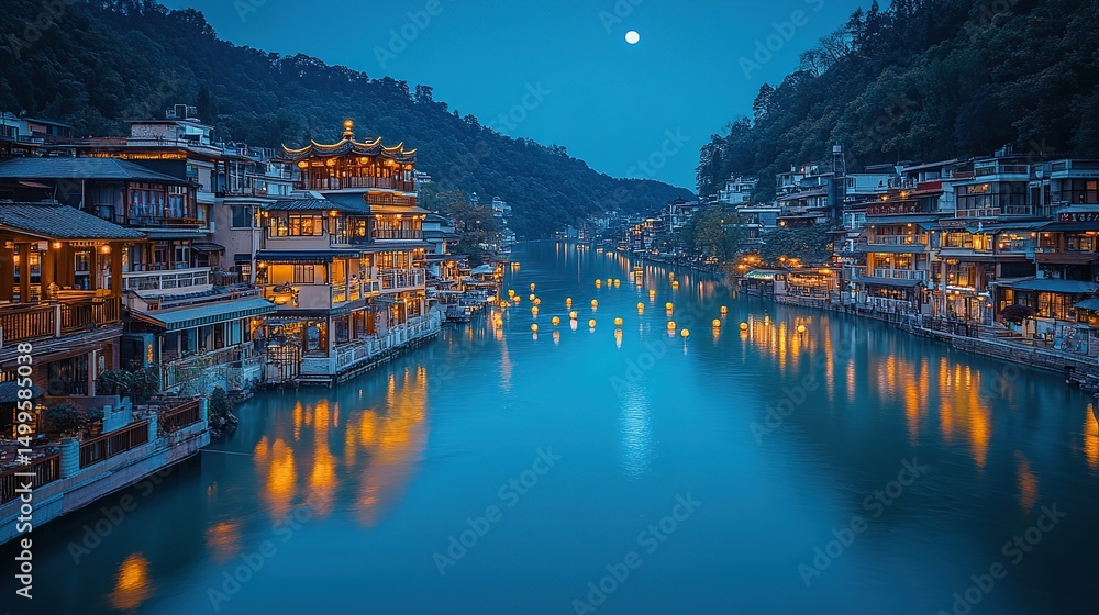 Fototapeta premium Serene river village at night, illuminated by lanterns