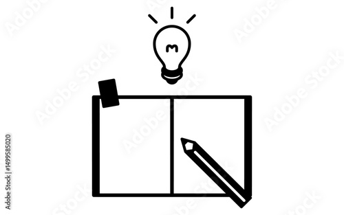 Simple line drawing icon of inspirational image, open book and glowing light bulb