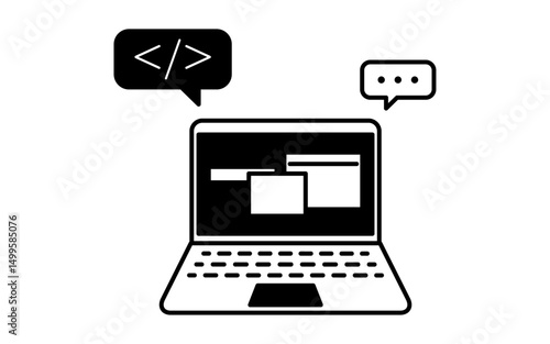 Simple line drawing icon of programming on laptop