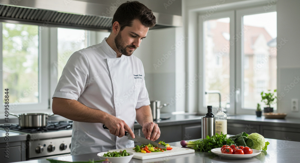 A male chef skillfully preparing fresh vegetables in a modern kitchen. A male chef skillfully preparing fresh vegetables in a modern kitchen.
