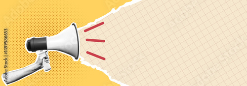 Pop art style megaphone illustration. Vibrant yellow and beige grid background. Suitable for marketing, communication, and retro themed projects.