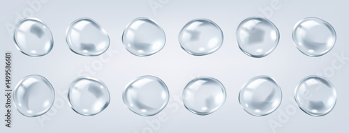 Transparent molecular bubbles of collagen structures realistic color icons set. Skincare medical research of 3d objects bundle on grey