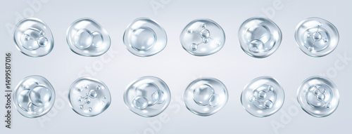 Collagen molecules floating inside transparent bubbles realistic color icons set. Scientific cosmetic research of 3d objects bundle on grey