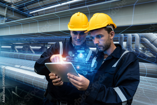 Obraz na plátně Engineers Analyze Gas Pipeline System with AR Tablet