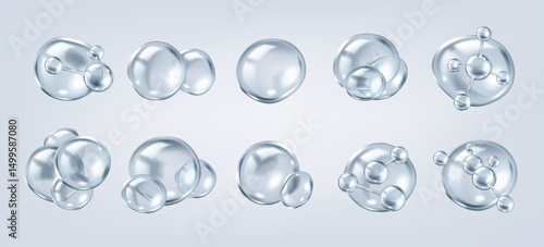 Transparent bubbles featuring collagen molecules realistic color icons set. Cosmetics skincare and anti-aging 3d objects bundle on grey