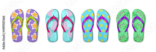 Illustration of vibrant flip flops in multiple patterns. Purple, blue, and green colors with floral, leaf, and sun motifs. Perfect for summer beach vibes.