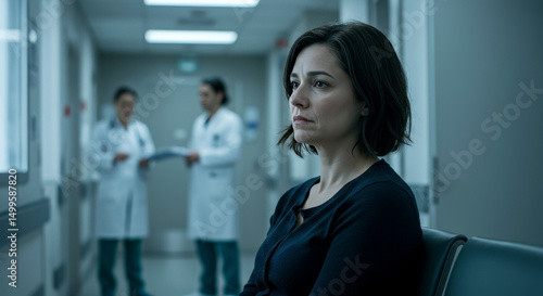 worried woman in hospital hallway with doctors in background, concept of anxiety