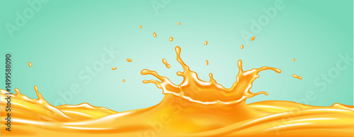 Vibrant orange liquid splash with fluid dynamics against a turquoise background. Dynamic illustration capturing energy and motion. Ideal for beverage or liquid product designs.