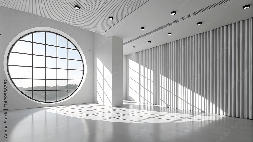 Obraz premium Modern minimalist interior design featuring a large circular window and white walls