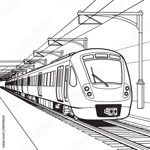 Line Art Drawing of a Train Station with Subway Train, Urban Cityscape Illustration