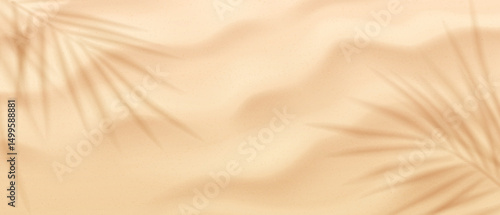 Sandy background, top view. Abstract background with palm leaf shadows. Soft beige tones create a calm and serene atmosphere. Ideal for naturalthemed designs and presentations.