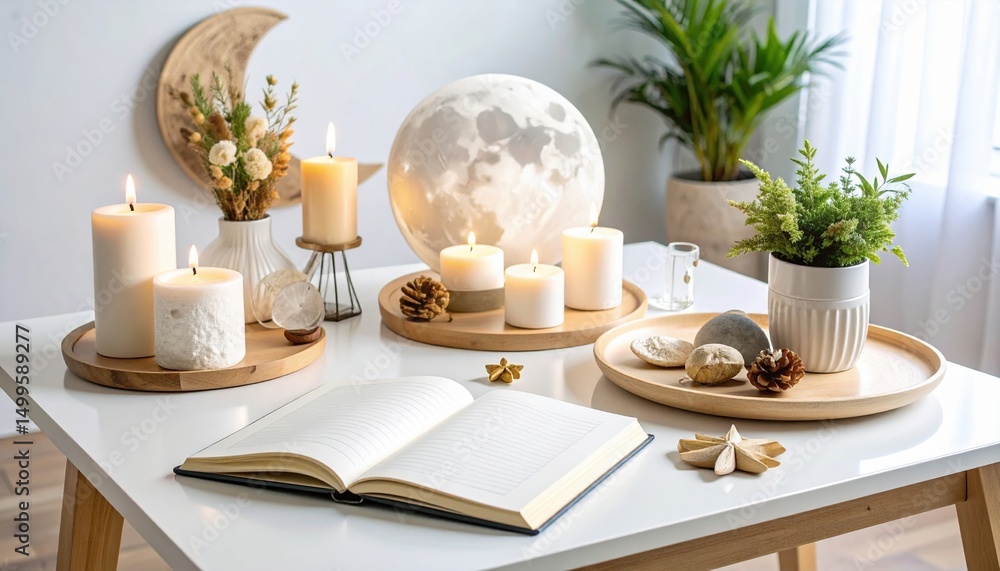 Fototapeta premium Candles flicker softly around a central moon lamp in a tranquil workspace filled with nature.