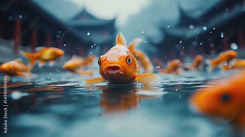 Golden fish in a pond, surrounded by ancient architecture Golden fish in a pond, surrounded by ancient architecture