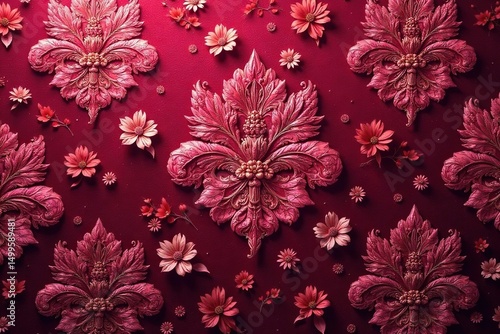 Intricate floral damask sample on luxurious velvet, flower, wallpaper