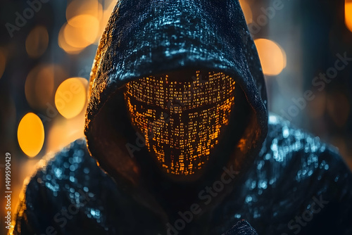 A hooded figure with a digital mask.