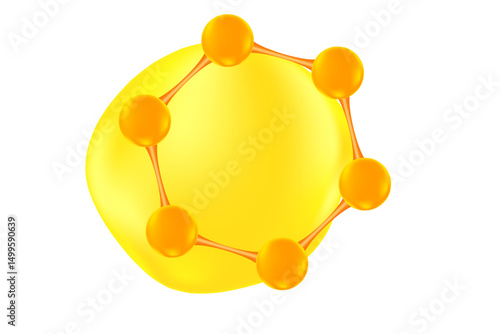 abstract gold molecule icon with fluid sphere shape connected in a circular arrangement. cosmetology ingredient, skincare, scientific beauty, advertising serums, vitamins, or nutritional supplements