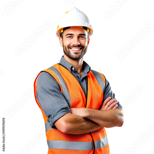 A smiling construction worker with a white hard hat and an orange safety vest on a black background isolated with white background