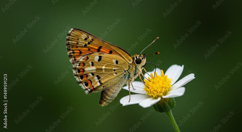 A colorful butterfly perched on a delicate white flower in nature. A colorful butterfly perched on a delicate white flower in nature.