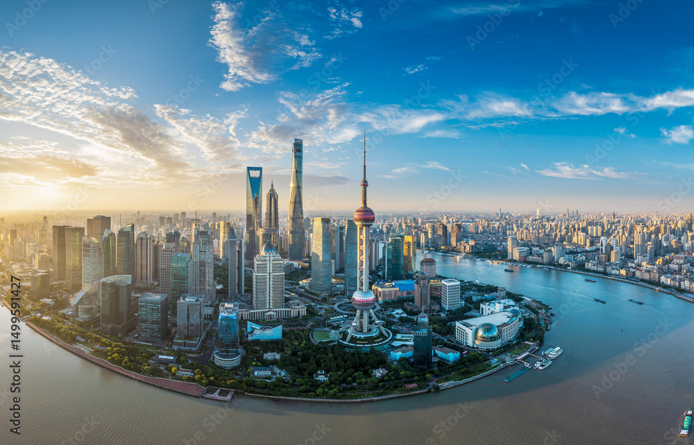 Ταπετσαρία Aerial view of the city skyline with modern skyscrapers at sunrise in Shanghai, China
