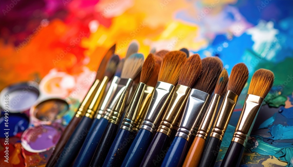Fototapeta premium A collection of paintbrushes lined up against a vivid backdrop of mixed colors, inviting creativity.