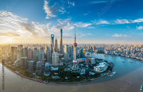 Canvas Print Aerial view of the city skyline with modern skyscrapers at sunrise in Shanghai, China