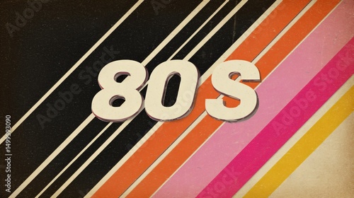 Retro 80s style graphic with bold stripes in pink, orange, yellow, and black, vintage texture, ideal for posters and album covers