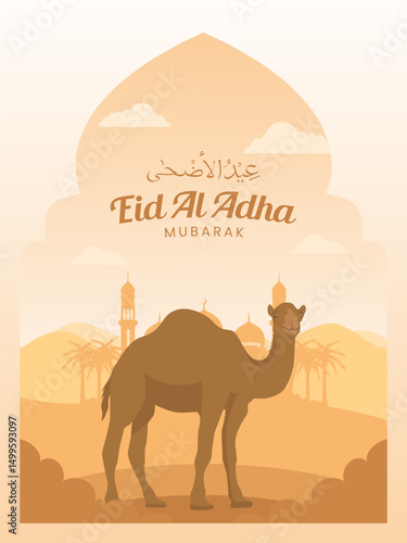 Illustration Background greeting Eid al-Adha with Islamic decoration for poster, social media, banner, cover design, with camel, mecca mosque, and lantern. Graphic for hajj day.