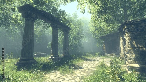 Sun-drenched overgrown ruins, ancient archway in a misty forest