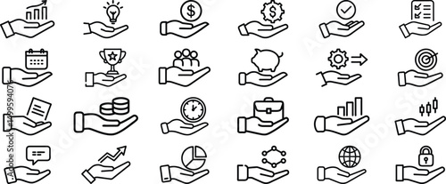 Set of hand gestures, business icon collection, man, money, graph, setting.