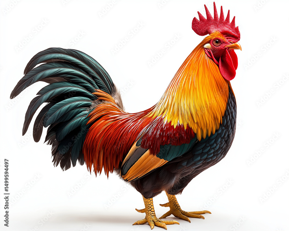 Fototapeta premium Vibrant Red-Orange Rooster Standing Proud – Clean White Background Illustration
