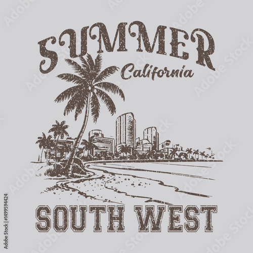 Summer California South West. palm tree beach scene resort typographic poster design vector graphic print for t shirt, poster. Summer vintage graphic print design. Beach vibes with board print design.