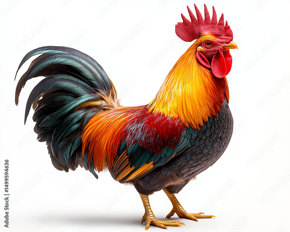 Fototapeta premium Vibrant Red-Orange Rooster Standing Proud – Clean White Background Illustration