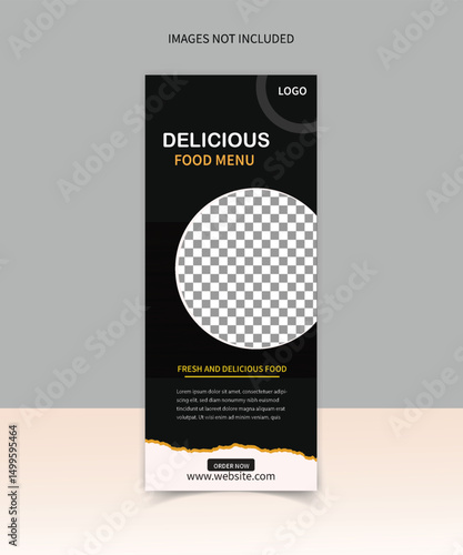"Modern Food Roll-Up Stand Banner Template for Catering Events, Restaurant Promotions, and Food Service Branding - Customizable Design with Vibrant Graphics"