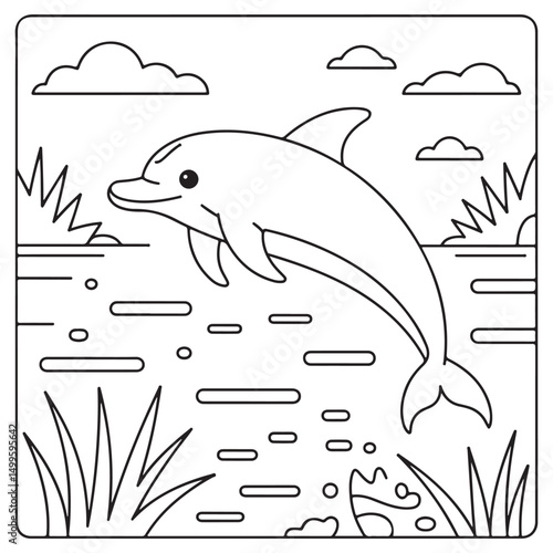  Hand-drawn illustration of a jumping dolphin in the water with clouds and grass