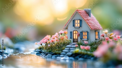 Miniature house nestled by a stream, surrounded by flowers in a serene garden setting