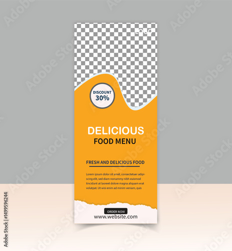 "Modern Food Roll-Up Stand Banner Template for Catering Events, Restaurant Promotions, and Food Service Branding - Customizable Design with Vibrant Graphics"