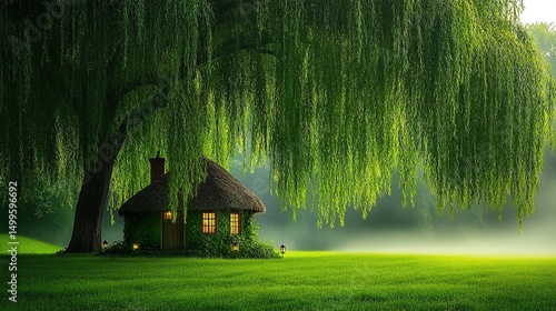 Charming little house nestled beneath a weeping willow tree in a lush green meadow