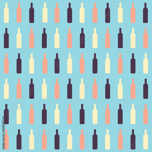 Pattern created from red, rose and white wine bottles on a pale blue background