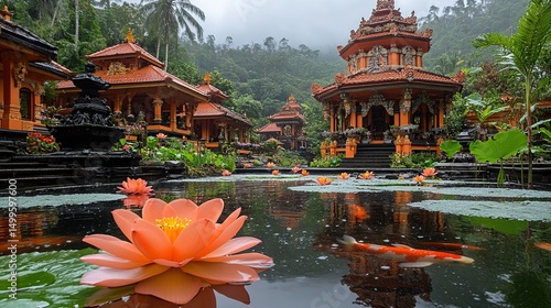 Lush temple complex, serene pond, and lotus flower