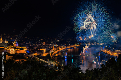 Spectacular fireworks display show in Budapest. Light and fireworks show on August 20th. in Saint Stephen’s Day celebration