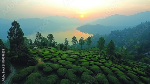 Sunrise over a tea plantation overlooking a tranquil lake