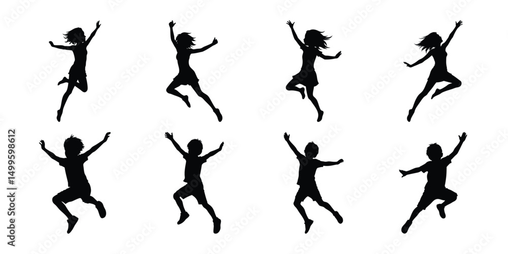 Set of detailed children playing and jumping vector, boys and girls silhouettes isolated on white background Set of detailed children playing and jumping vector, boys and girls silhouettes isolated on white background