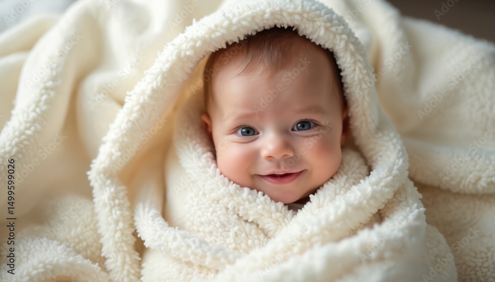 Cute baby boy wrapped in soft blanket smiles at camera. Newborn child enjoys cozy home morning. Childhood joy, comfort, happiness. Sweet infant portrait. Cute baby boy wrapped in soft blanket smiles at camera. Newborn child enjoys cozy home morning. Childhood joy, comfort, happiness. Sweet infant portrait.