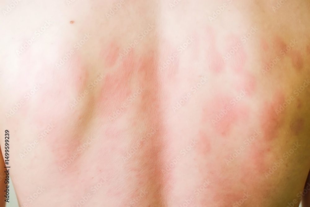 Closeup view of human back with red blotches indicating allergic reaction or skin rash Closeup view of human back with red blotches indicating allergic reaction or skin rash