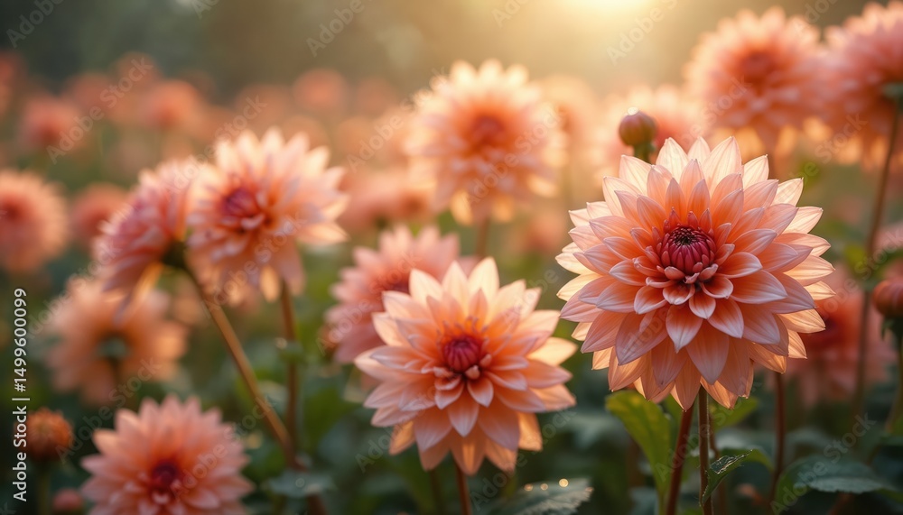 Close-up of many dahlia flowers at autumn park. Blooming pink flowers with petals, green leaves in sunlight. Beautiful flowerbed background, perfect wallpaper for holidays, print, design. Natural Close-up of many dahlia flowers at autumn park. Blooming pink flowers with petals, green leaves in sunlight. Beautiful flowerbed background, perfect wallpaper for holidays, print, design. Natural