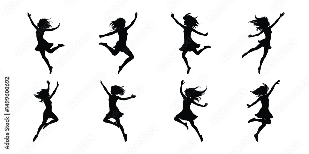 Set of detailed children playing and jumping vector, boys and girls silhouettes isolated on white background Set of detailed children playing and jumping vector, boys and girls silhouettes isolated on white background