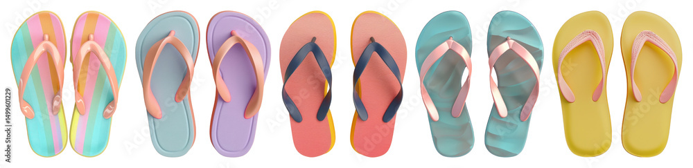 Fototapeta premium PNG Colorful summer flip-flops variety, element set on transparent background