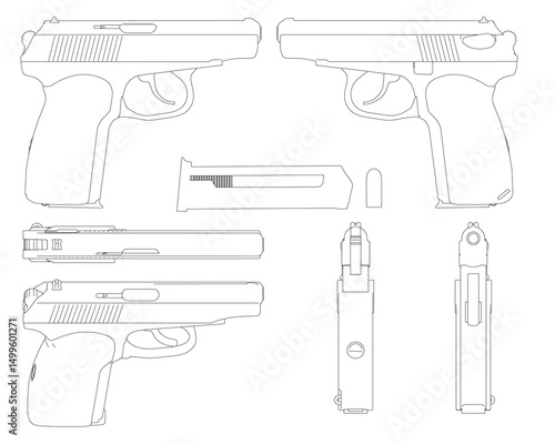 A gun is shown in various positions, with the barrel pointing in different directions. The image is a black and white drawing of a gun, with the focus on the different angles and positions of the gun
