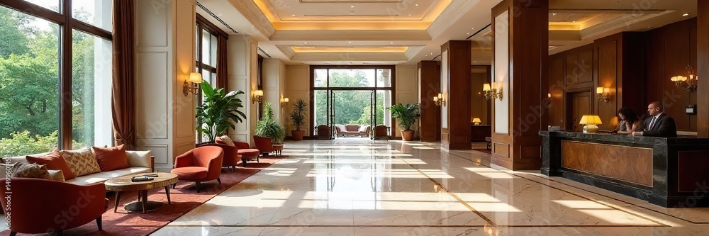 Fototapeta premium Luxurious hotel lobby interior with plush seating, marble floors, and elegant lighting fixtures creating a sophisticated and welcoming atmosphere , decoration, detail