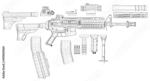 A gun is shown in black and white with a few parts missing. The gun is a rifle and the image is of a gun that is being disassembled. Side view